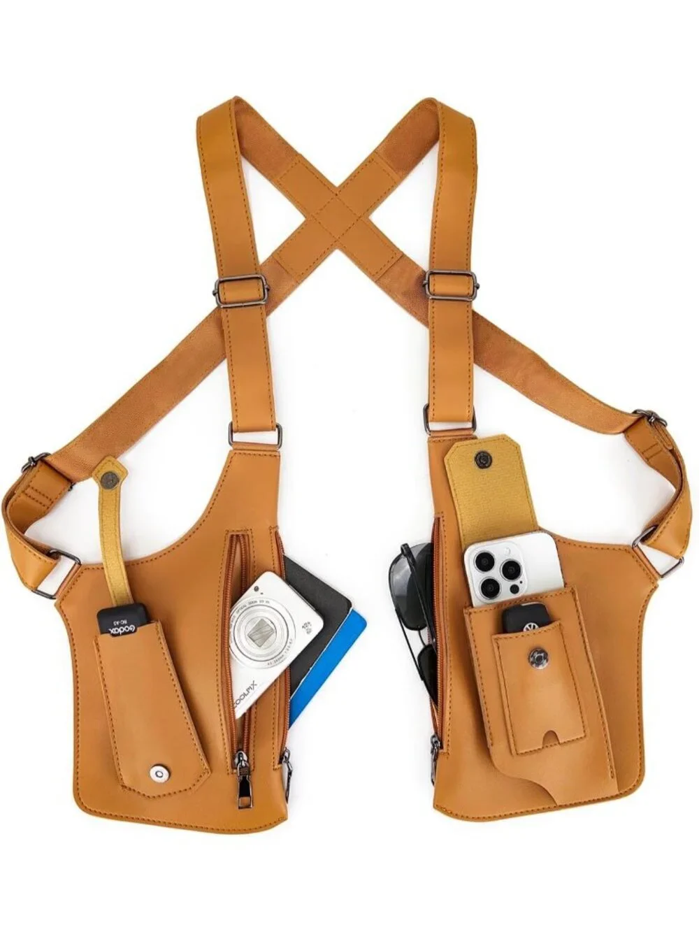 Mens Brown Chest rig Underarm Anti Theft Adjustable Pocket Double Shoulder Strap